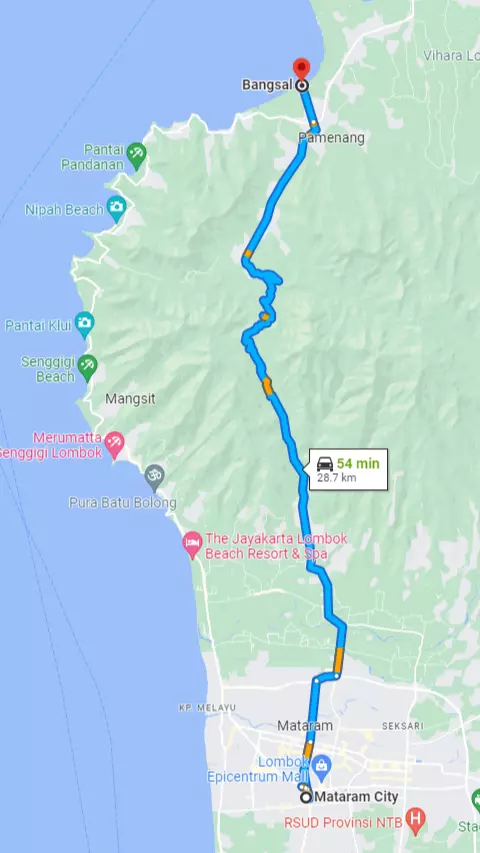 pusuk route to get to bangsal harbor from mataram city