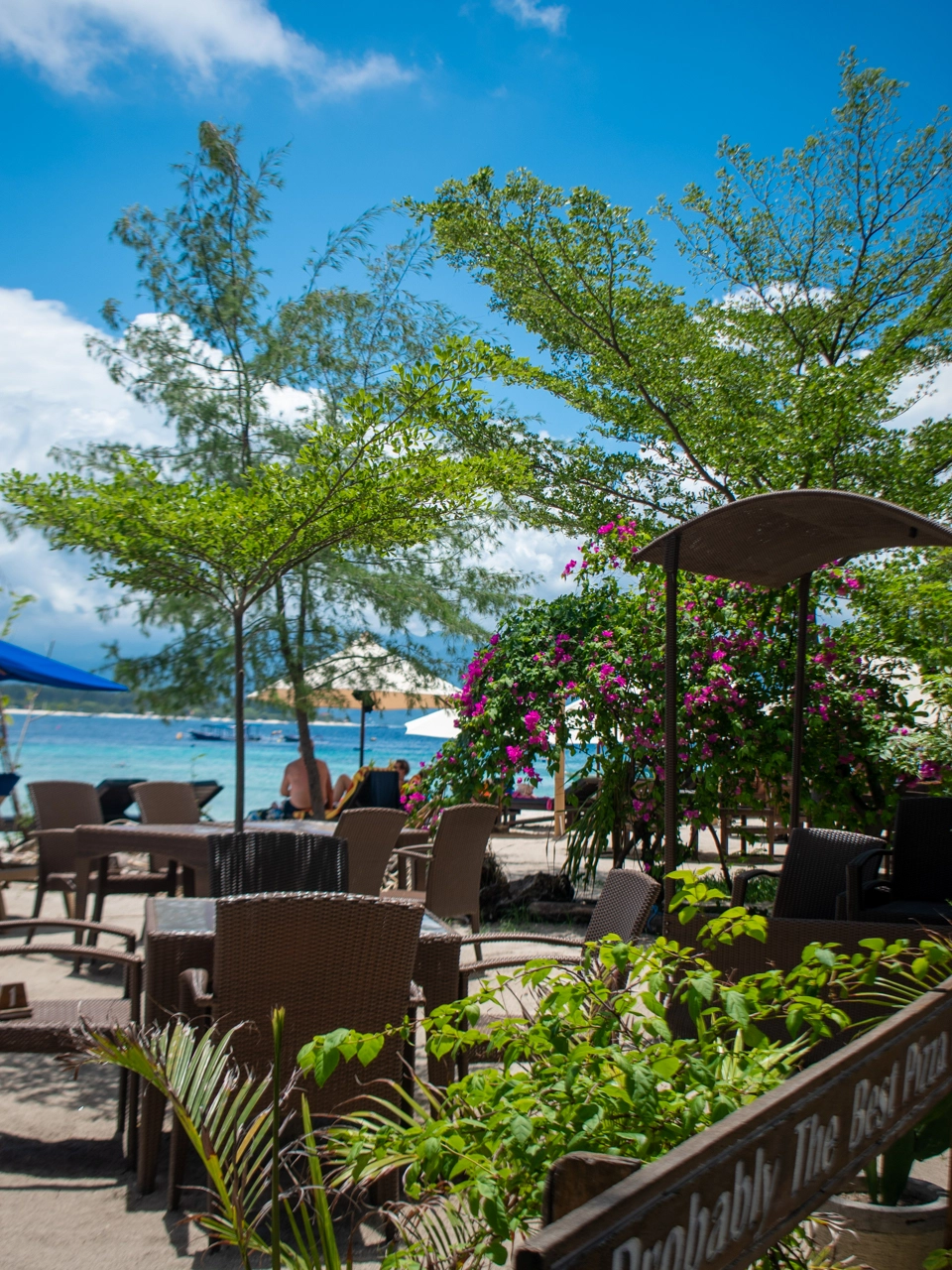 seating area at the beachfront restaurant on gili trawangan